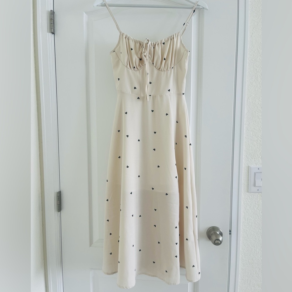 Cream Heart-Print Spaghetti Strap Dress